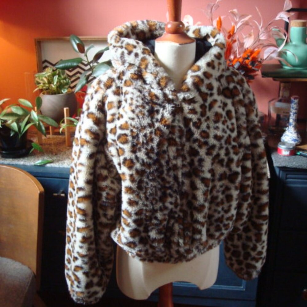 Topshop M 8 10 leopard animal faux fur bomber coat jacket